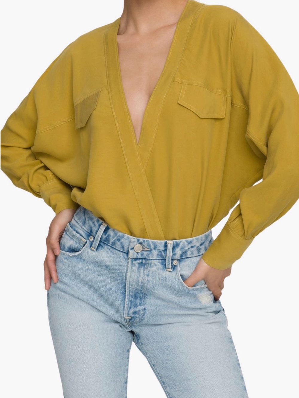 Good American Deep V Surplice Blouse bodysuit in Mustard size 3